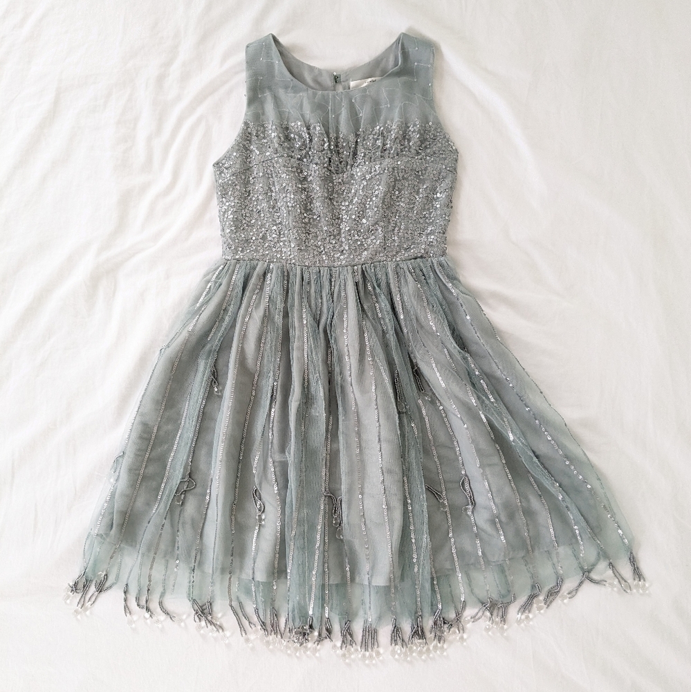 Sparkly Sequin and Bead Soft Tulle Mini Dress in Teal